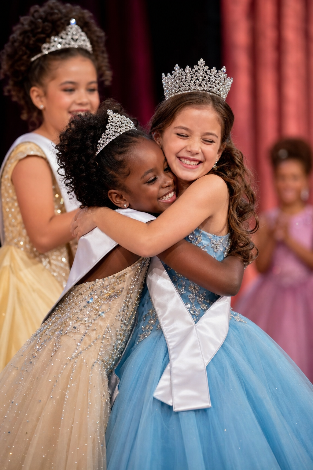 Young contestants hugging on stage after receiving crowns and sashes
