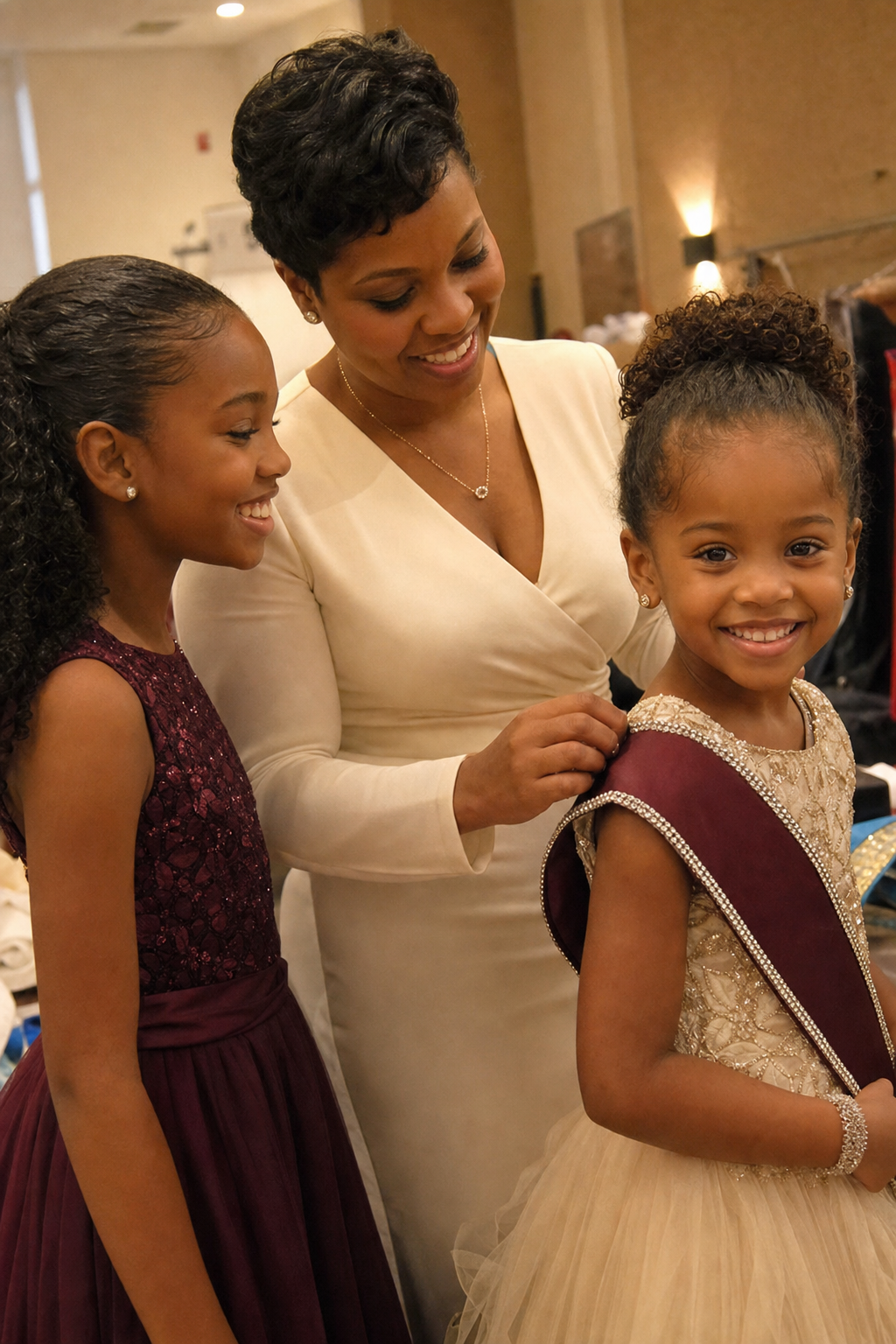 Contestants and supporters preparing together backstage before a pageant