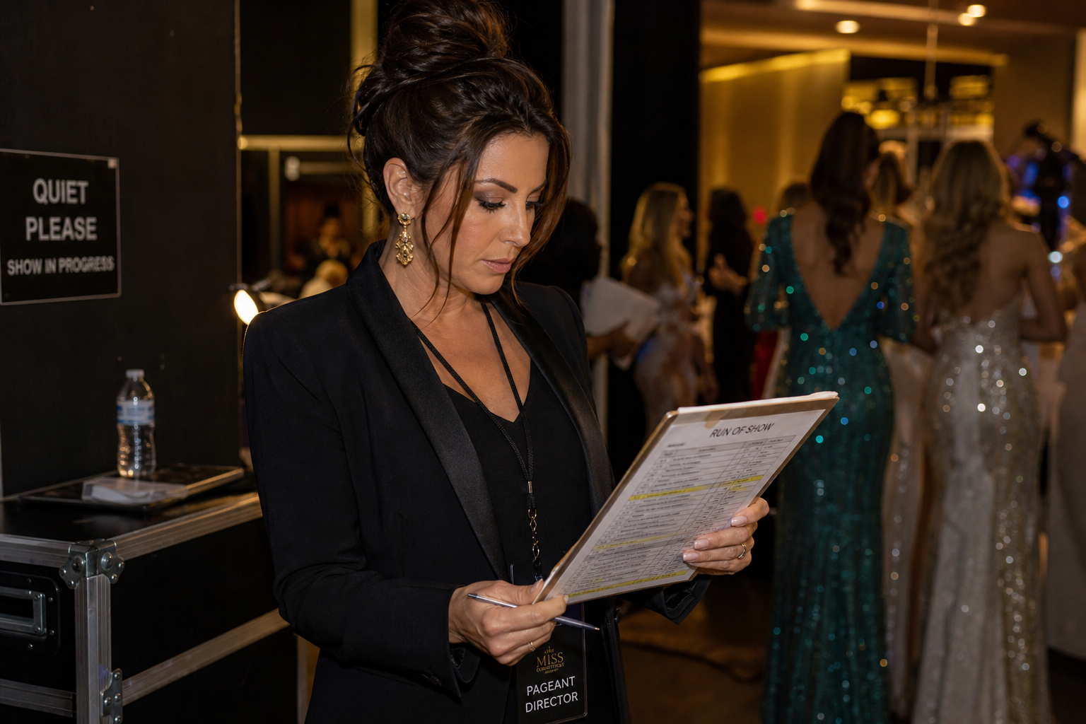 Backstage preparation — hands adjusting a sash before a contestant takes the stage