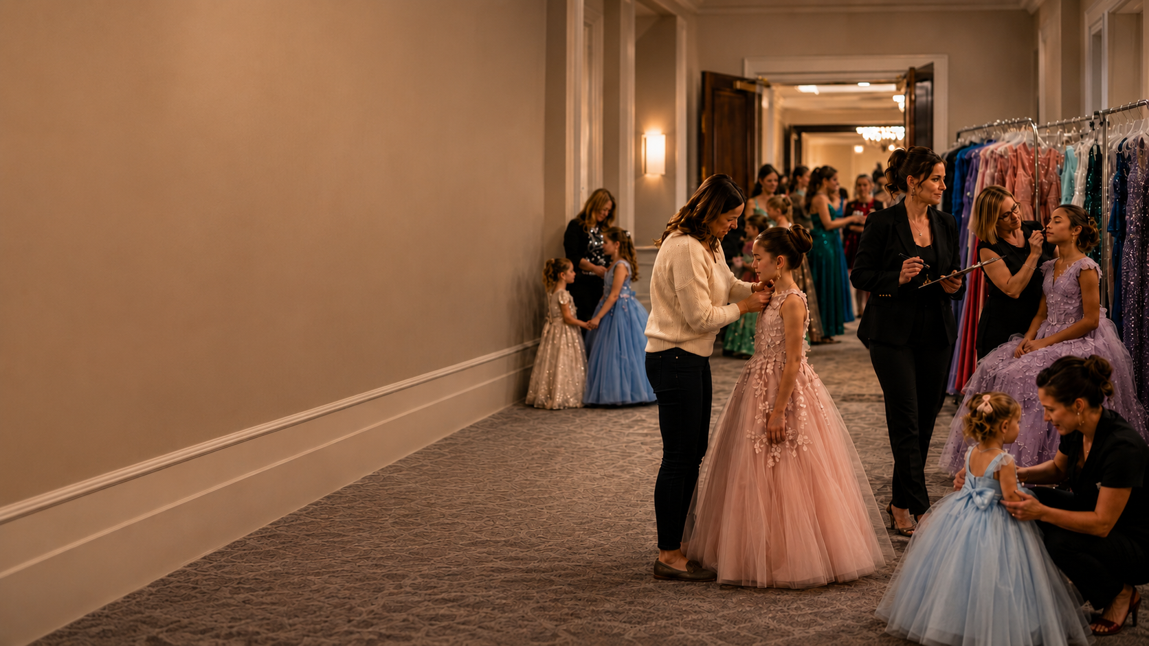 A backstage community preparing for a pageant — guardians, a director with a clipboard, and contestants in gowns