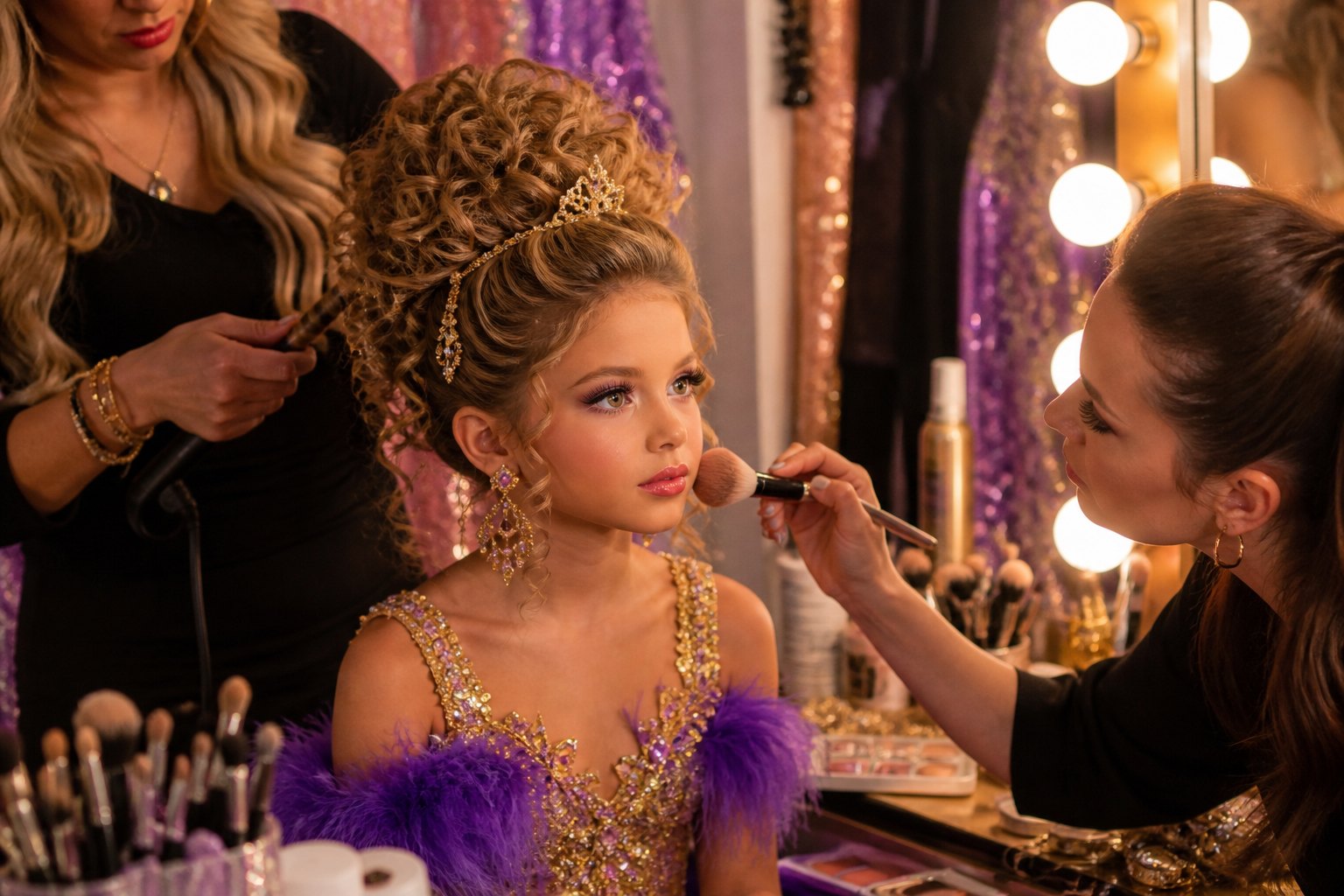 A hairstylist and makeup artist finishing a contestant's glitz look at a vanity