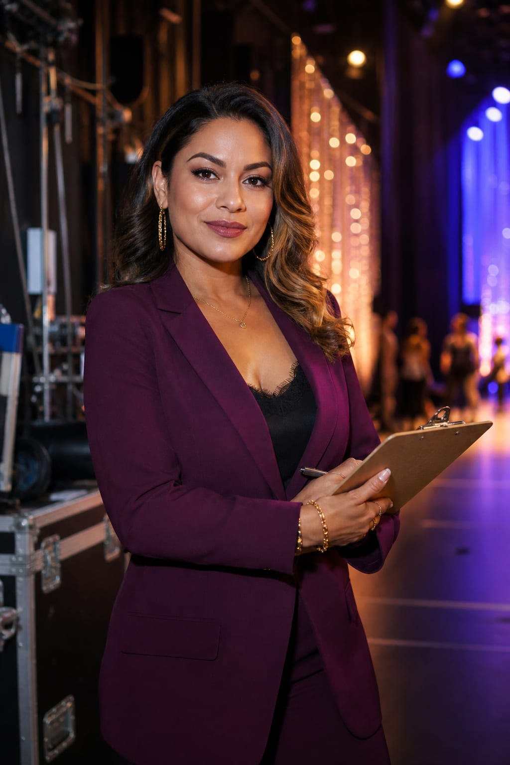 A confident pageant director backstage with a clipboard under stage lights