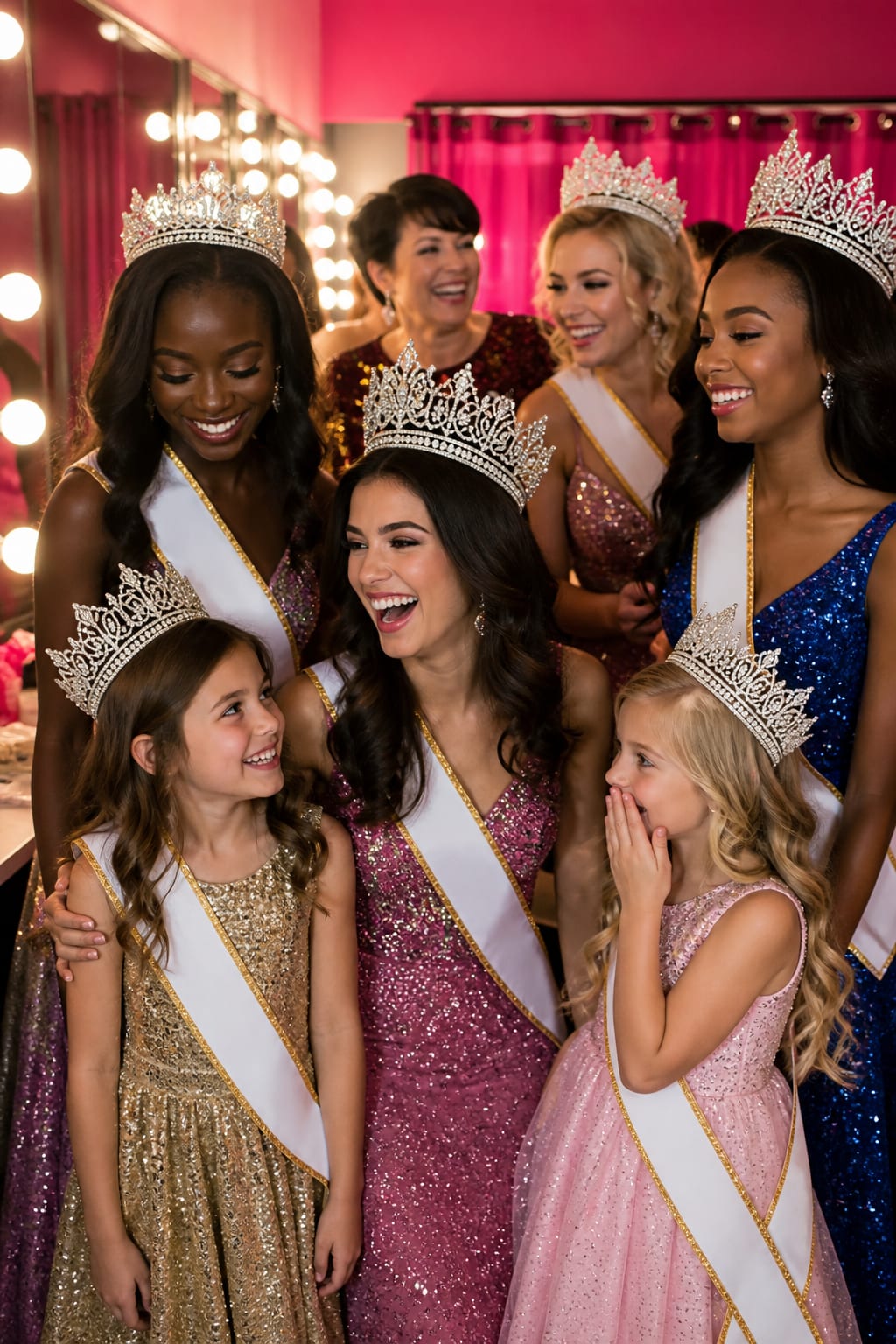 Contestants and supporters celebrating together backstage in crowns and sashes